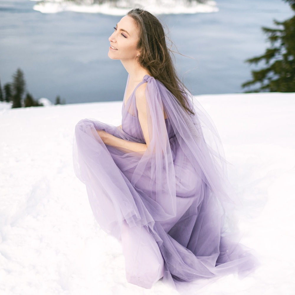 Cocomelody long lavender convertible strapless tulle gown